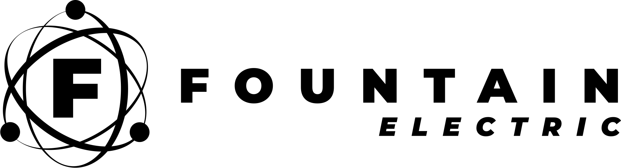 Fountain Electric black corporate wordmark logo featuring the block letter F inside an orbiting atomic icon