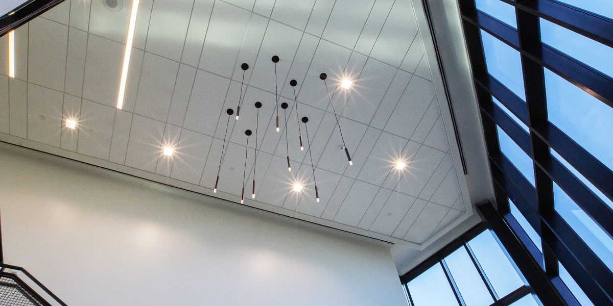 Custom pendant lighting and recessed ceiling fixtures installed by Fountain Electric at NCSSM Morganton.