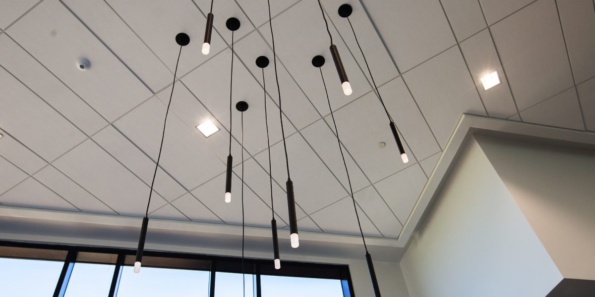 Close-up of architectural pendant lighting and electrical finishes by Fountain Electric at NCSSM Morganton.