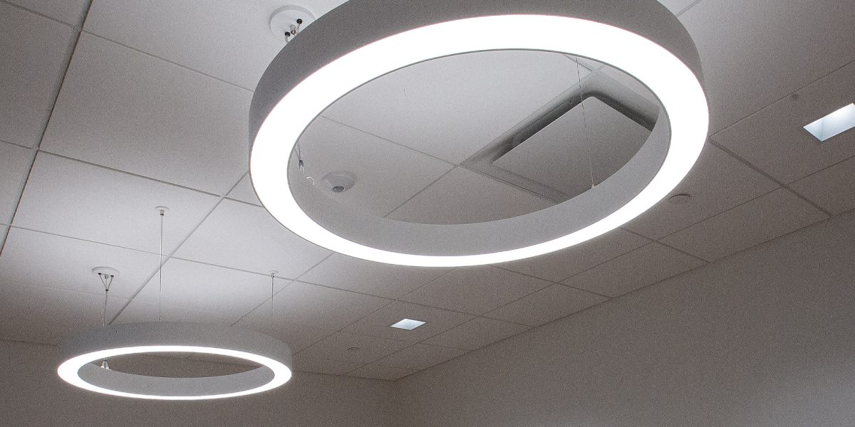 Specialized halo ring light fixtures installed by Fountain Electric in the NCSSM Wellness Center.