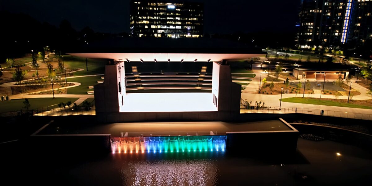 Ballantyne The Amp at night showing light work by Fountain Electric in Charlotte NC.