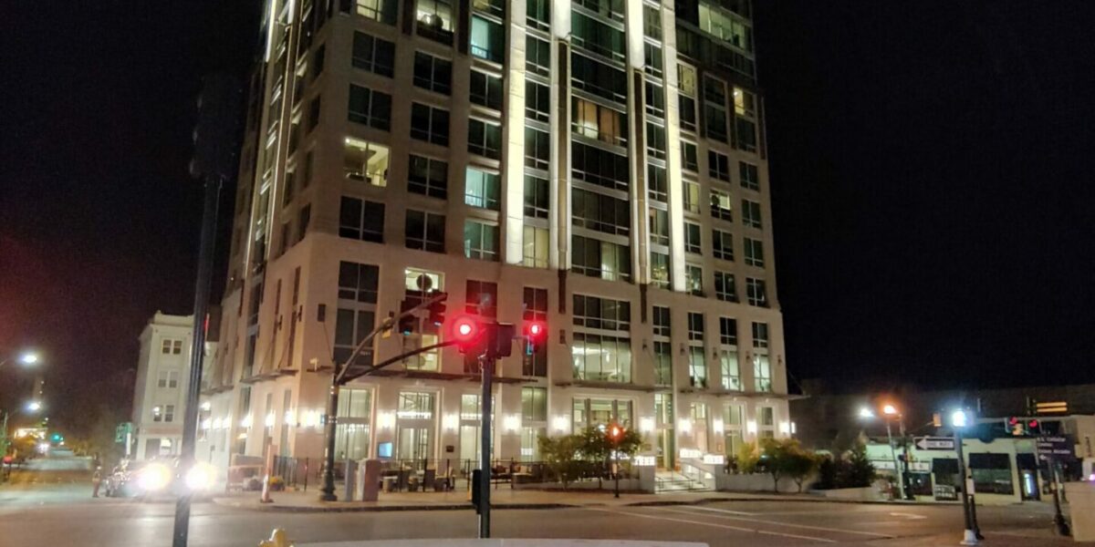 Side view outside shot of Kimpton Arras hotel in Asheville NC showcasing Fountain Electric & Services commercial electrical work