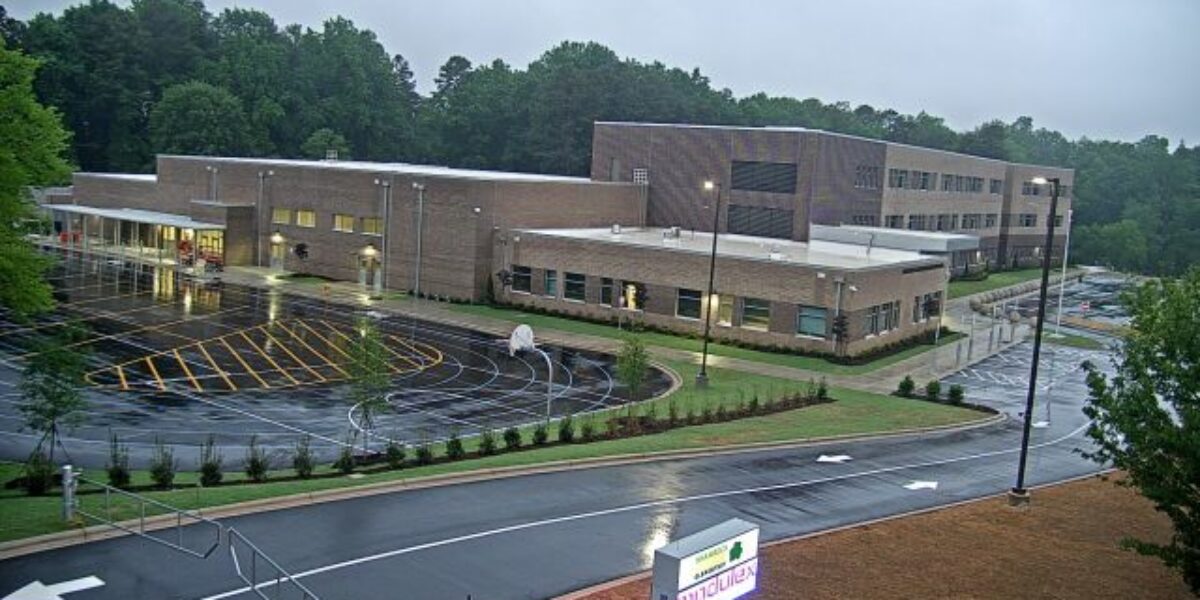 Dusk shot of schools electrical work of Fountain Electric & Services showcased at Charlotte-Mecklenburg Schools Shamrock Gardens Elementary