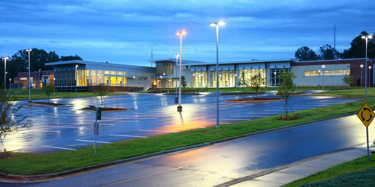 Evening shot of commercial electrical lighting work by Fountain Electric & Services at Catawba Valley Community College Workforce Solutions Complex in Hickory NC