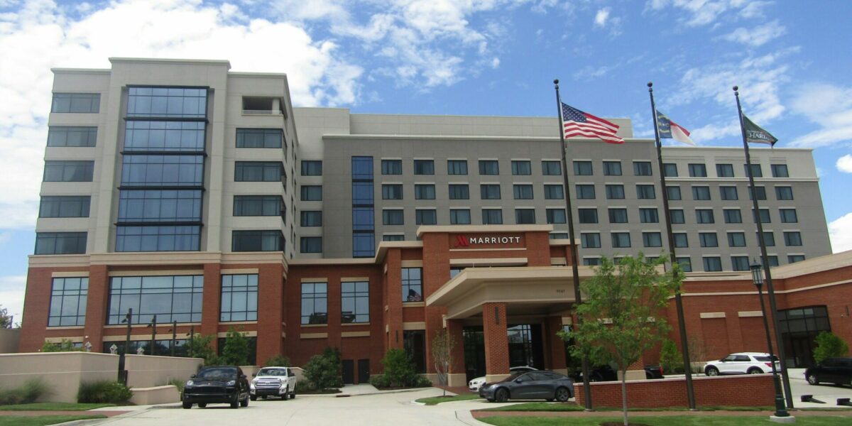 Outside guest check in area lighting electrical work at UNC Charlotte Marriott & Conference Center by Fountain Electric & Services