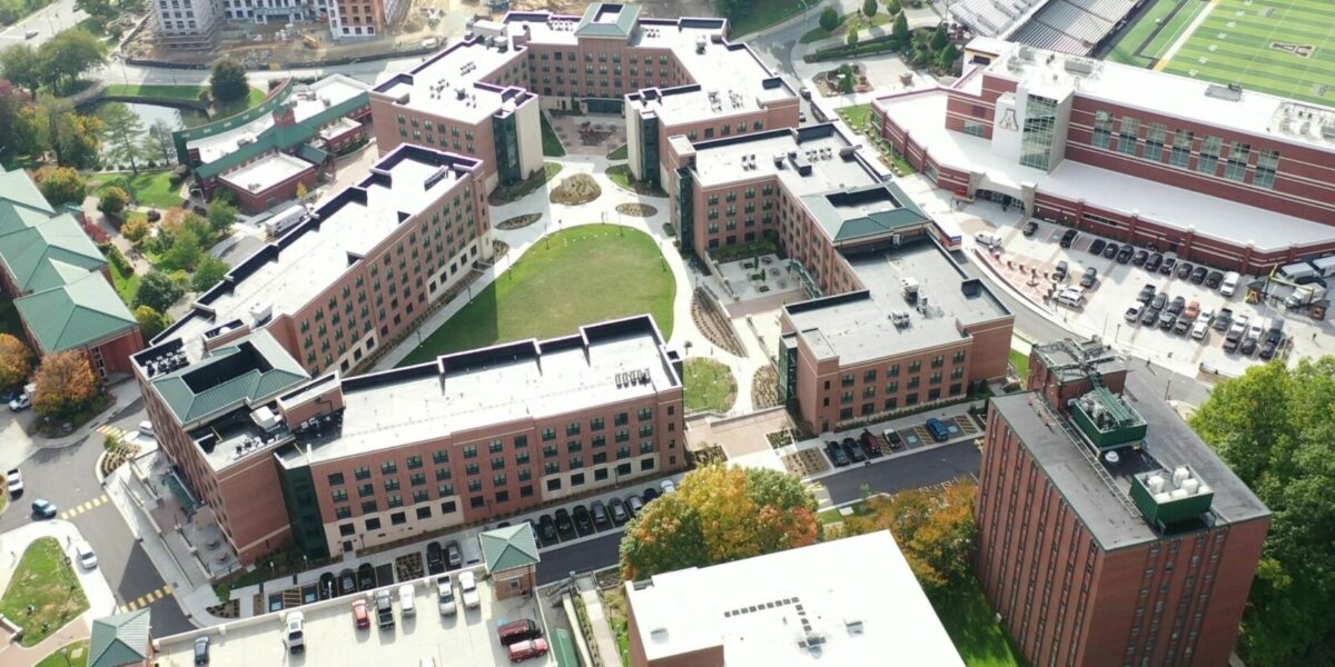 Overhead of Appalachian State University dorms complex and football Field House in Boone NC electrical work by Fountain Electric & Services