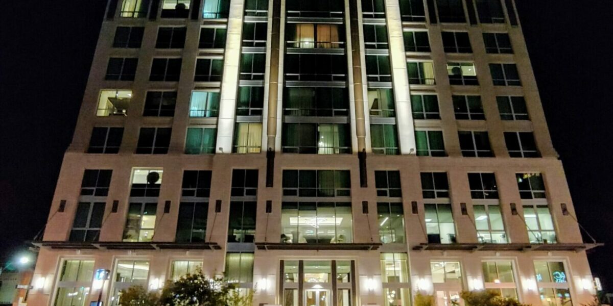 Night outside shot of Kimpton Arras hotel in Asheville NC showcasing Fountain Electric & Services commercial electrical work