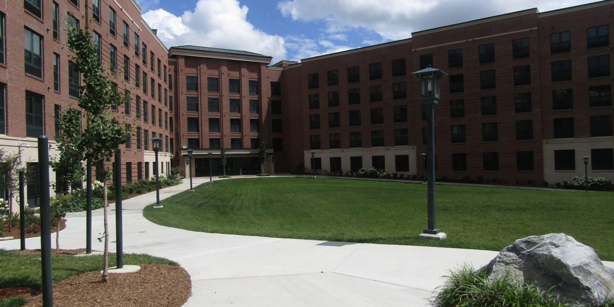 Grass common area shot of residence hall dorm complex at Appalachian State University in Boone NC electrical work by Fountain Electric & Services