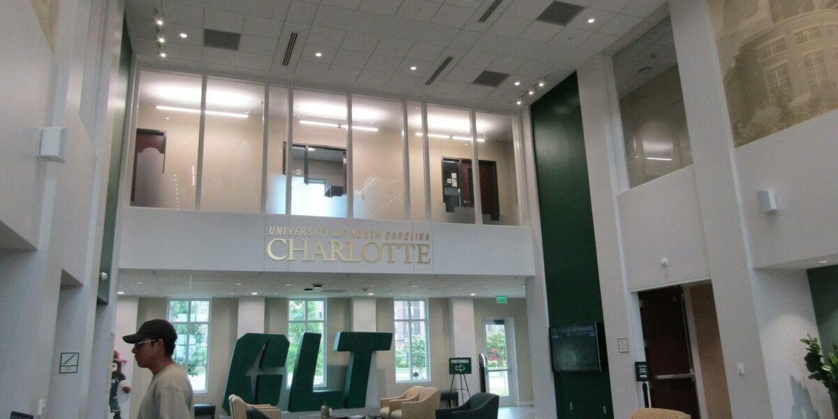 UNC Charlotte Gage Undergraduate Admissions Center lobby lighting by Fountain Electric & Services