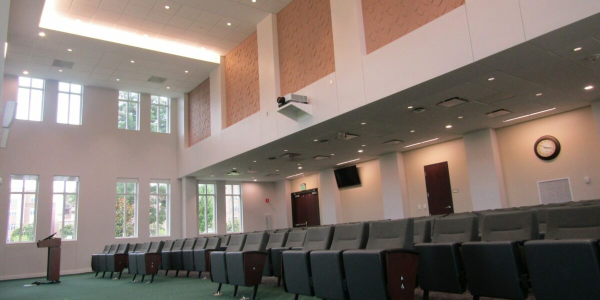 Side shot of theater lighting at UNC Charlotte Gage Undergraduate Admissions Center done by Fountain Electric & Services