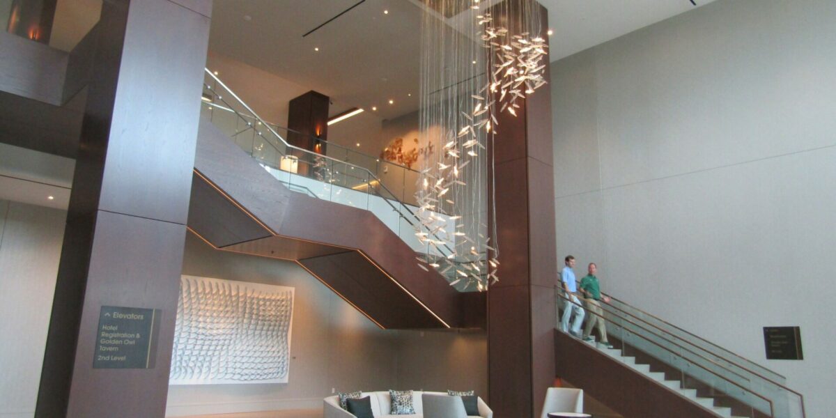 Guest entry stairway commercial lighting electrical work at UNC Charlotte Marriott & Conference Center by Fountain Electric & Services